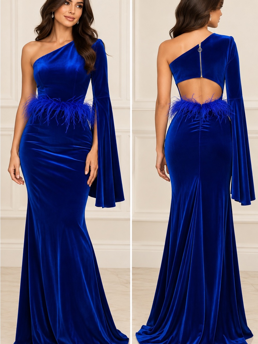 One-Shoulder Royal Blue Velvet Long Sleeve Evening Dress with Feather Waist